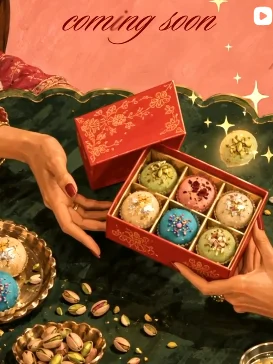 Lilac Mithai Studio Instagram post: "Coming soon" launch teaser showing a red mithai gift box
