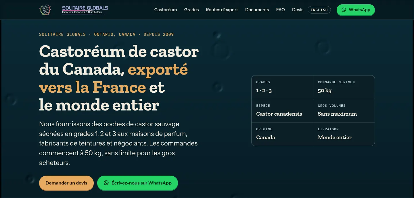 French-language homepage of castoreumcanada.ca: Castoréum de castor du Canada, exporté vers la France