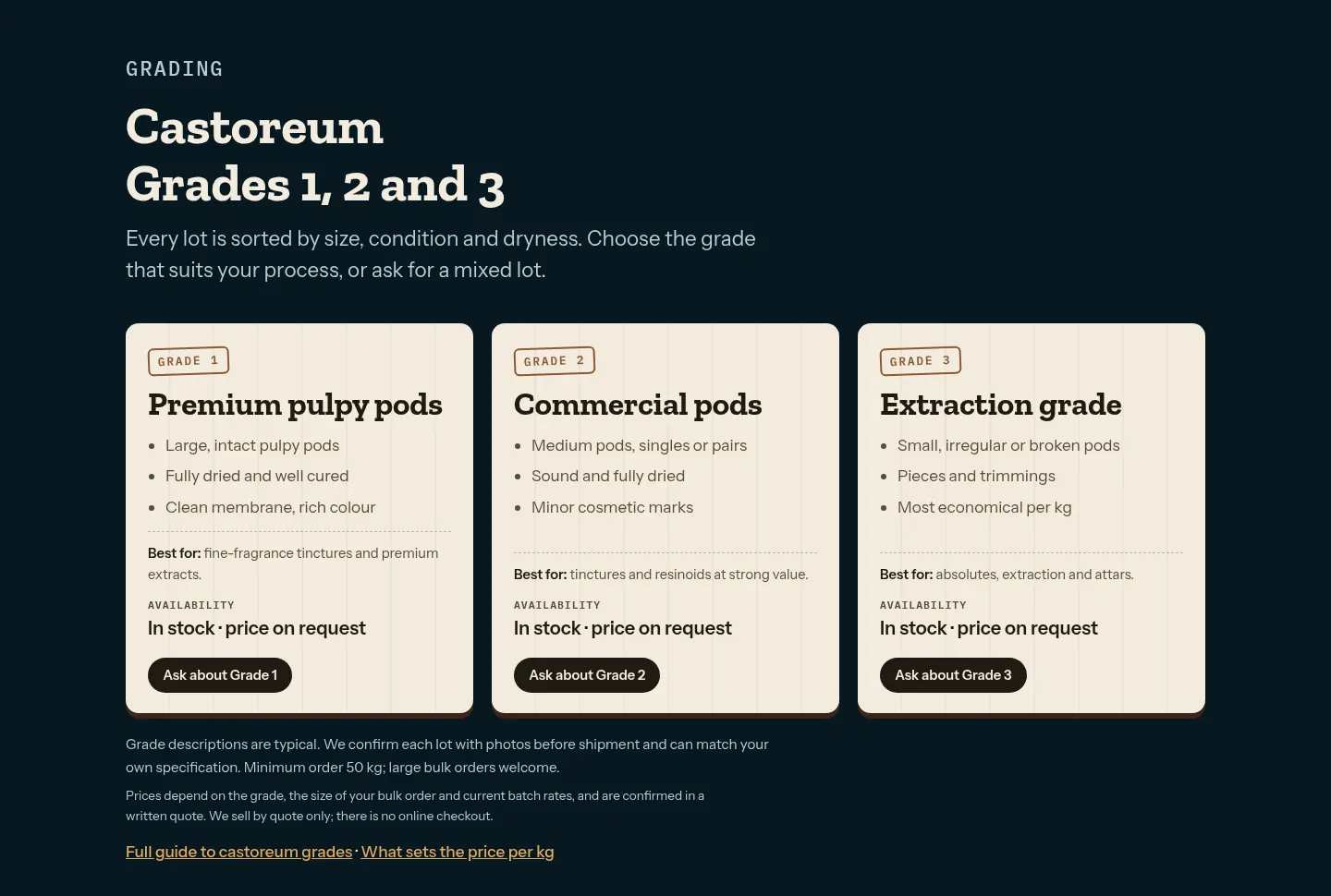 castoreumcanada.ca product cards for castoreum Grades 1, 2 and 3 with ask-about buttons