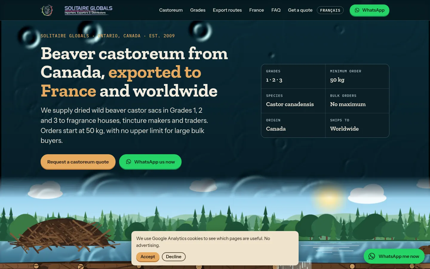 Desktop homepage of castoreumcanada.ca with quote and WhatsApp calls to action