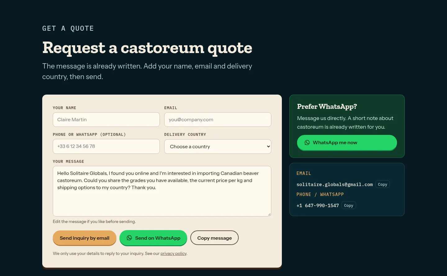 castoreumcanada.ca request-a-quote form with a pre-written inquiry message and a WhatsApp option