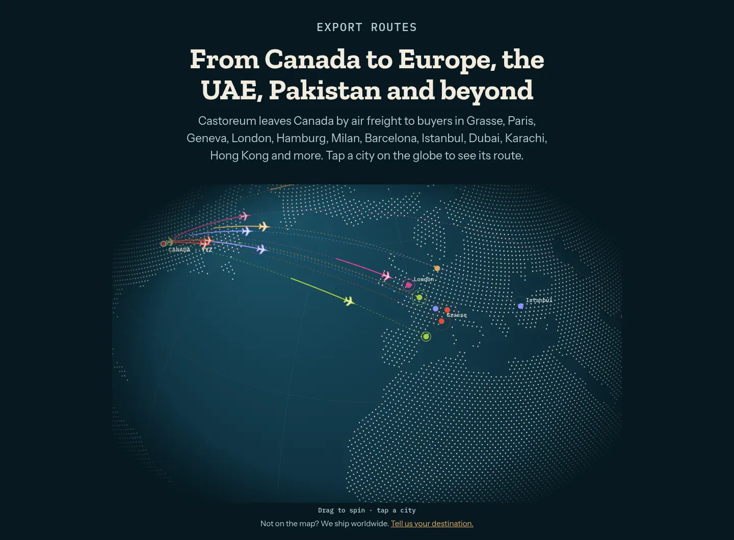 castoreumcanada.ca interactive globe showing export routes from Canada to France, Europe, the UAE, Pakistan and Asia