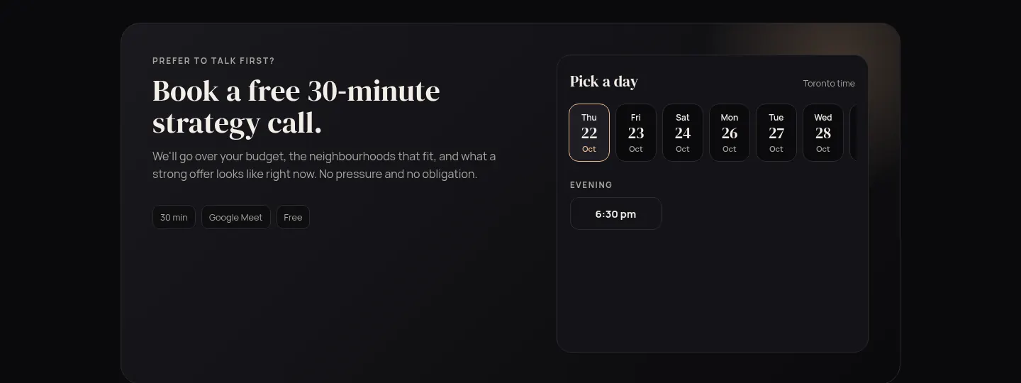 hammadtherealtor.ca booking section: book a free 30-minute strategy call with a built-in day and time picker