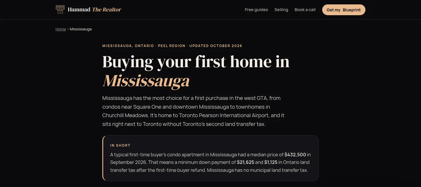 Local SEO city guide page: Buying your first home in Mississauga, on hammadtherealtor.ca