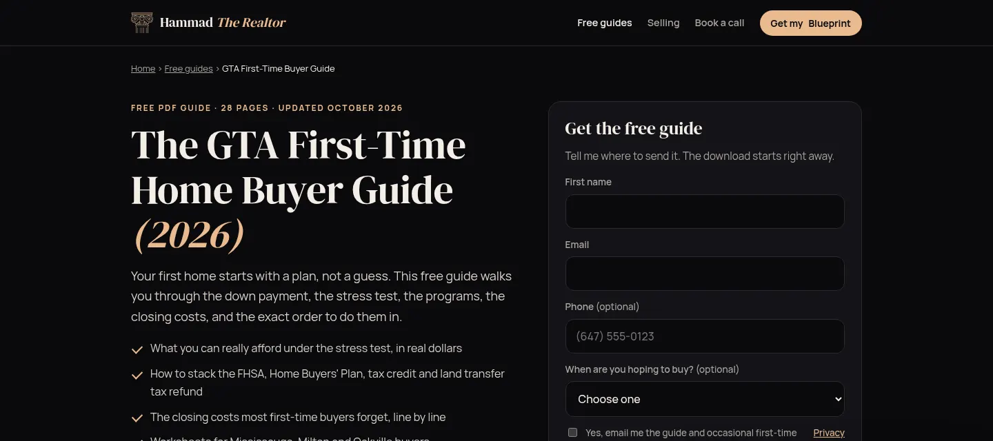 Lead magnet landing page for the free GTA First-Time Home Buyer Guide, with a sign-up form