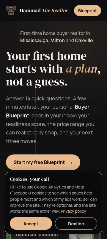 Mobile homepage of hammadtherealtor.ca, a Mississauga first-time home buyer realtor website, with the Buyer Blueprint call to action