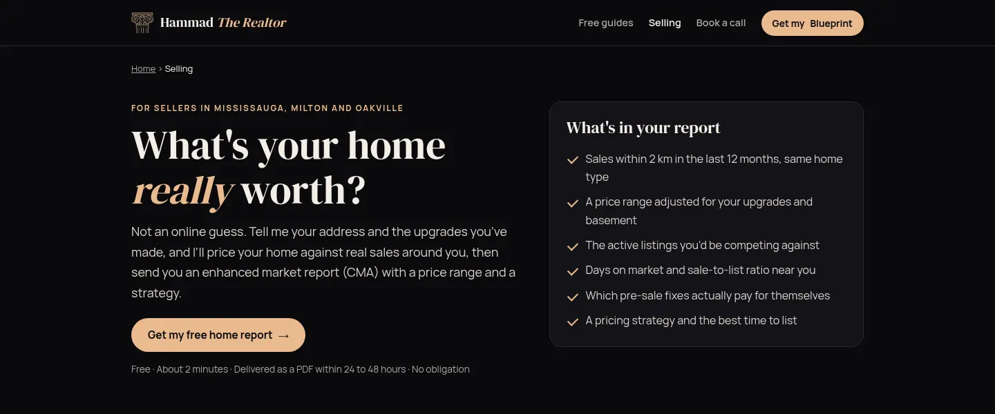 hammadtherealtor.ca seller landing page: What's your home really worth? with a free enhanced home value report offer